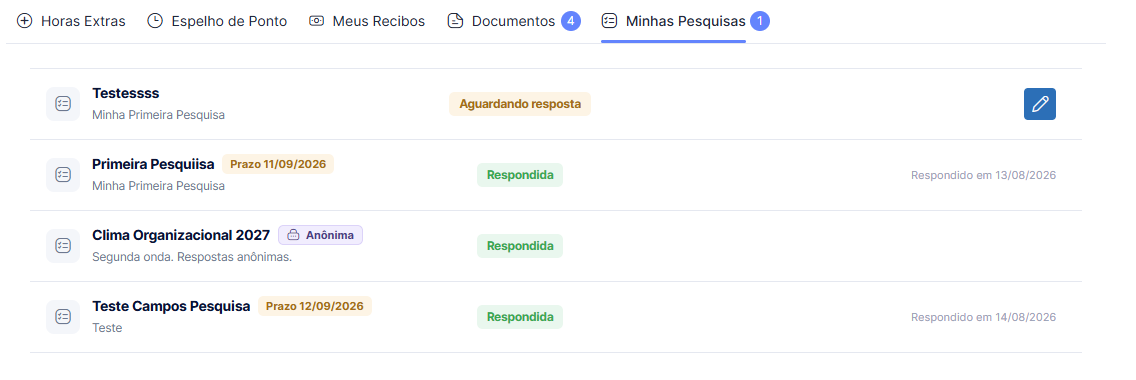 Tela Minhas Pesquisas com uma pendente e uma respondida